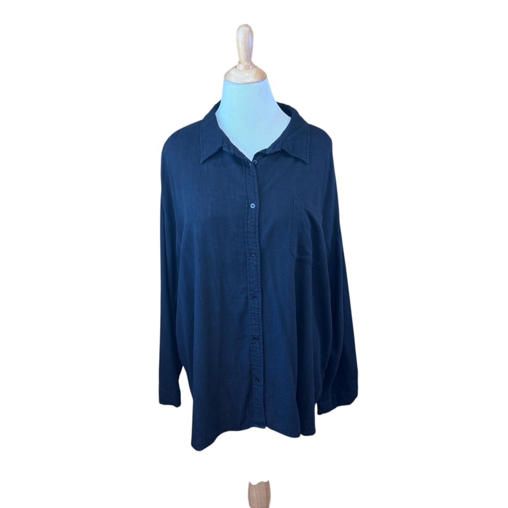 Arula Black Linen Blend Button Down Shirt Long Sleeve Size C = 3X